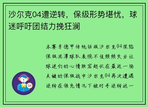 沙尔克04遭逆转，保级形势堪忧，球迷呼吁团结力挽狂澜